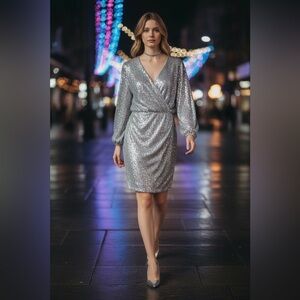 Eliza J Sequin V-Neck Long Sleeve Silver Cocktail Dress Size 4